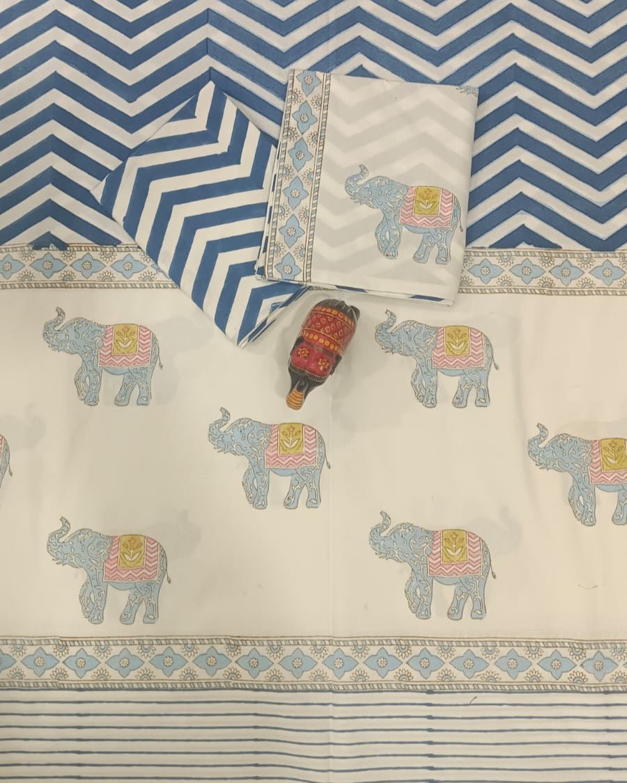 white base hand block printed cotton premium bedsheet with traditional motifs