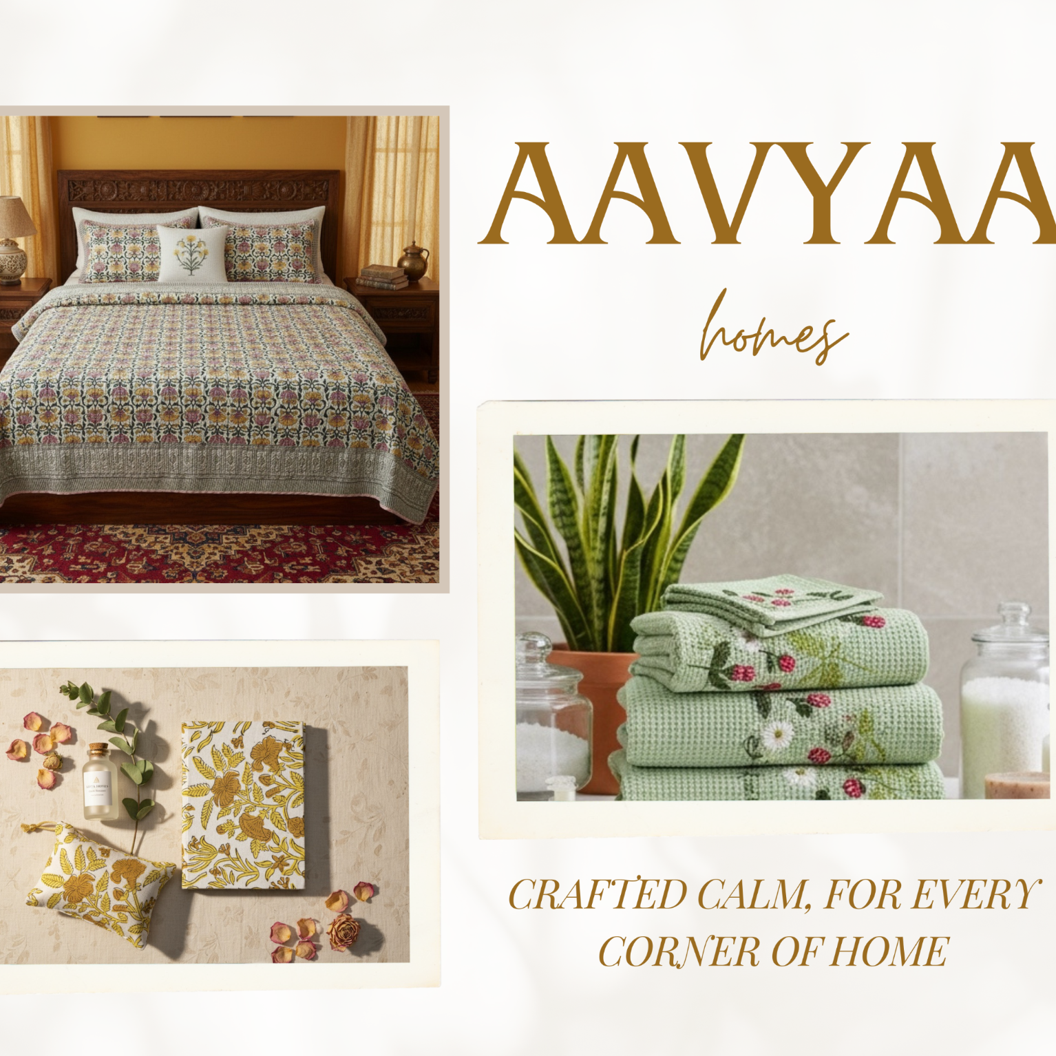 Aavyaa homes product display with bedding, towels, and decor items on a white background.