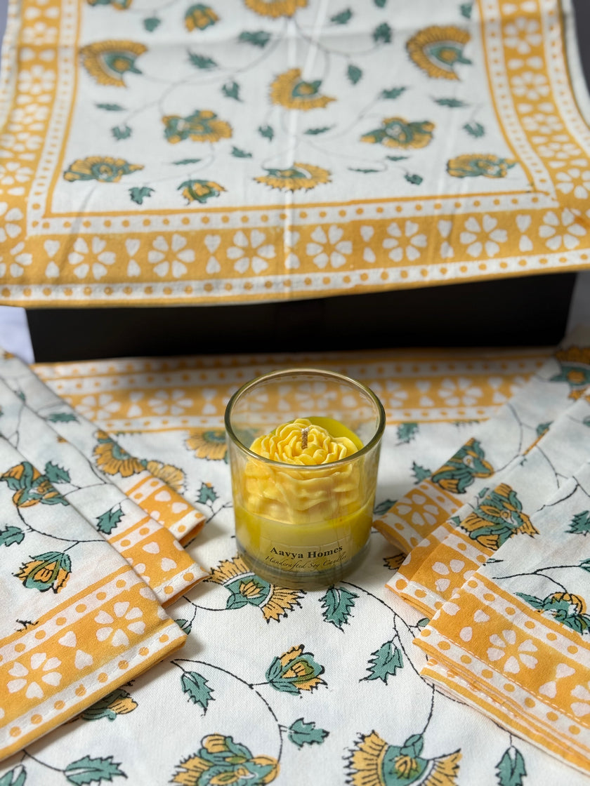 yellow and blue small flower patterns on off white canvas cotton dining set