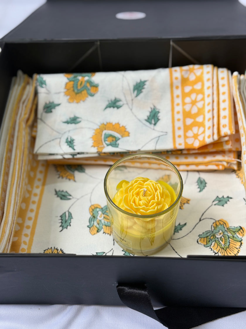 yellow and blue small flower patterns on off white canvas cotton dining set