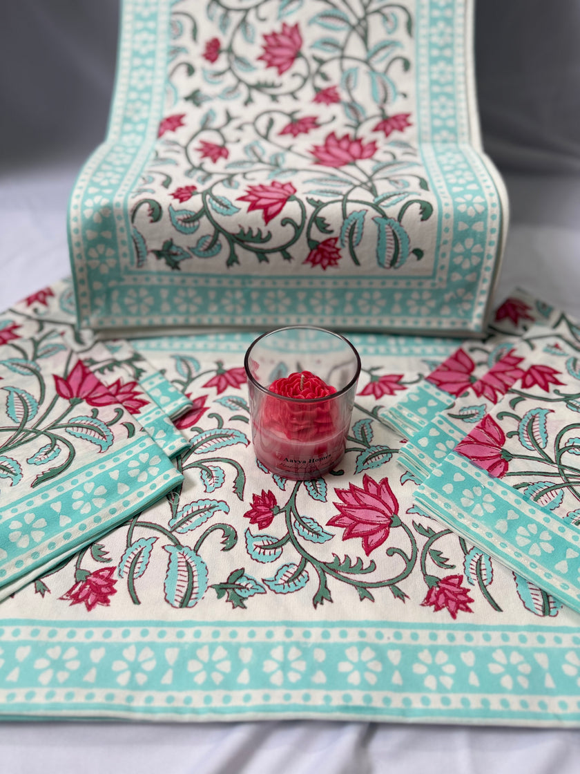 pastel aqua green and pink flowers on off white dinin