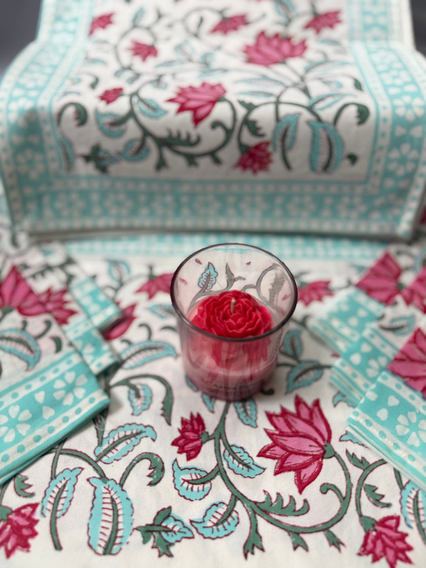 pastel aqua green and pink flowers on off white dinin