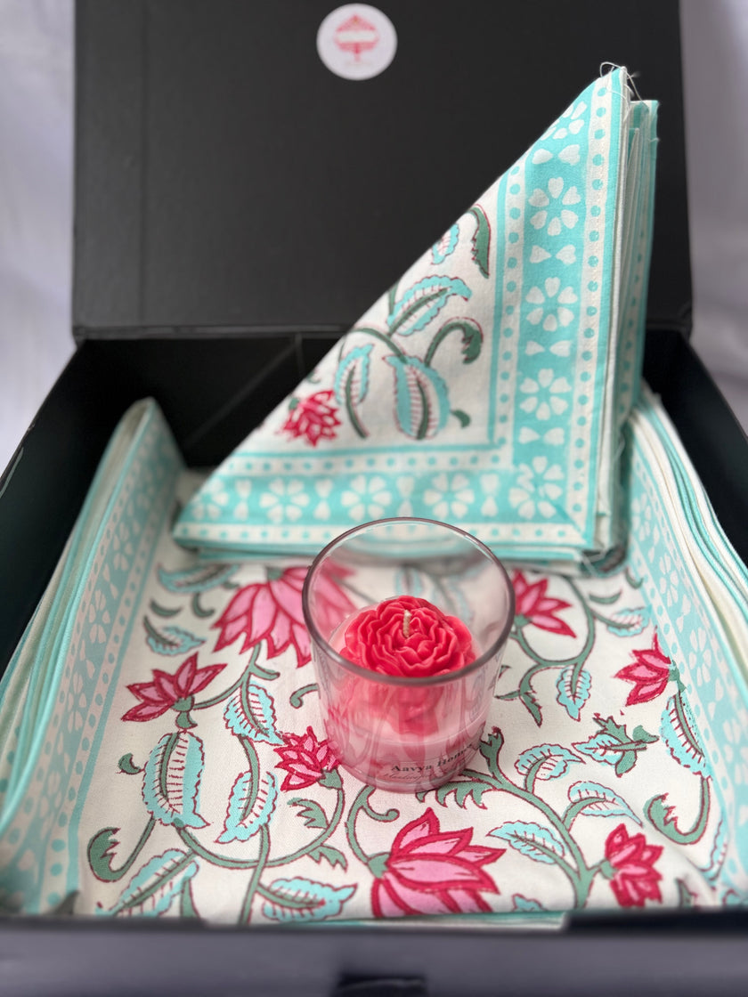 pastel aqua green and pink flowers on off white dining set