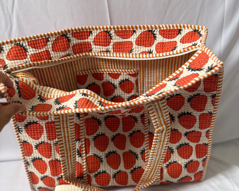 Yummy Strawberry Everyday Essentials Tote bag|Hand Block Printed Quilted Bag |Aavya Homes