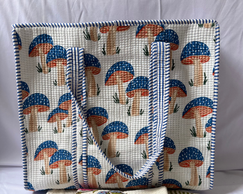 Quilted tote bag with hand block print, Mushrooms on it.