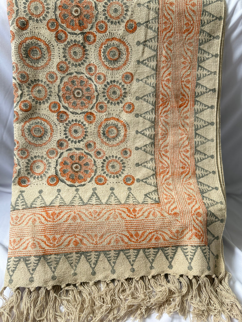 rug  with hand block printed intricate patterns and fringes on a white background