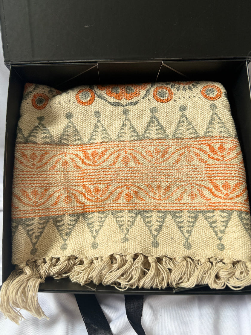 rug  with hand block printed intricate patterns and fringes on a white background