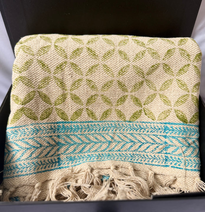 Rug with floral patterns and fringes on a white background