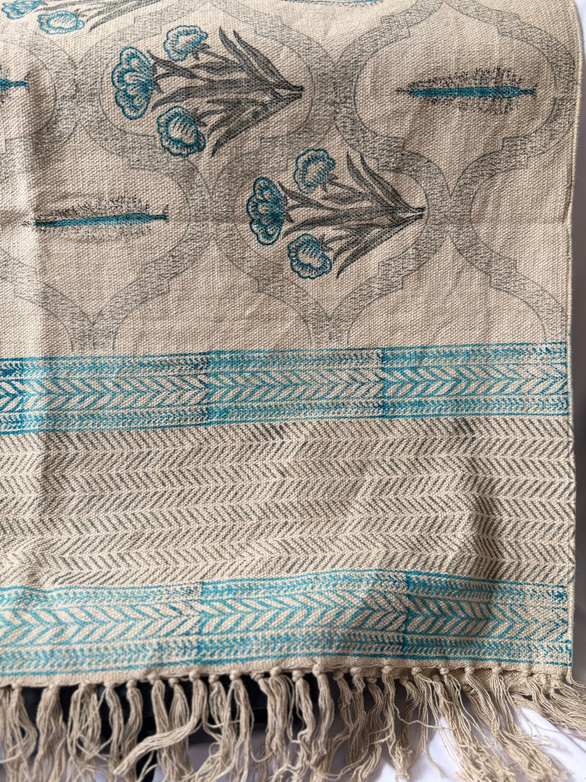 Textile with floral patterns and geometric designs in blue and beige.