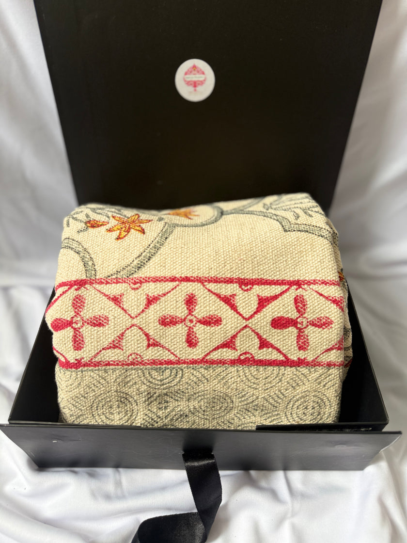 Decorative box with red patterns on a white background
