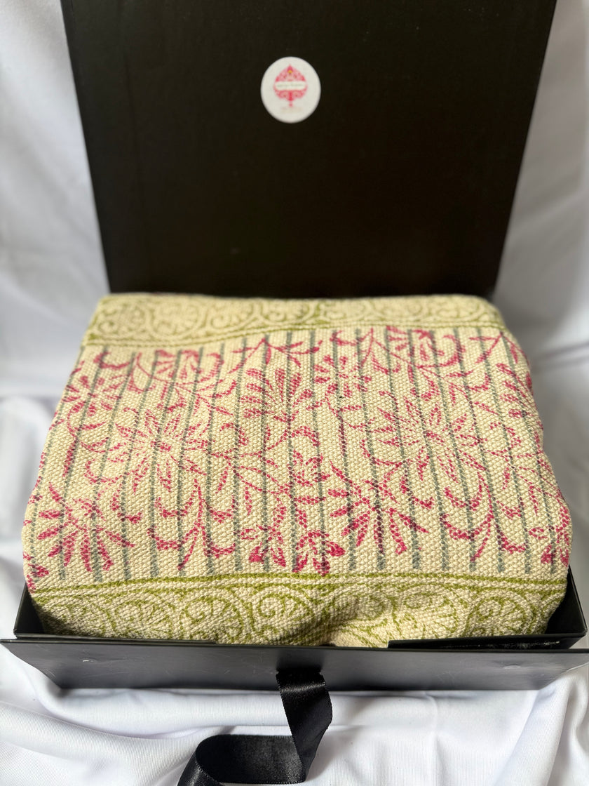 Textile product with pink floral pattern in a black box on a white background