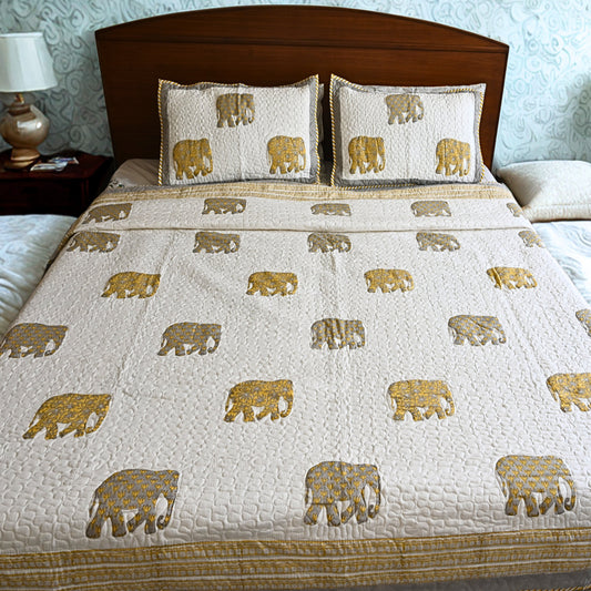 Royal Elephant Quilted Bedcover | All weather Handcrafted Cotton Quilt with Elephant Motif – Aavya Homes