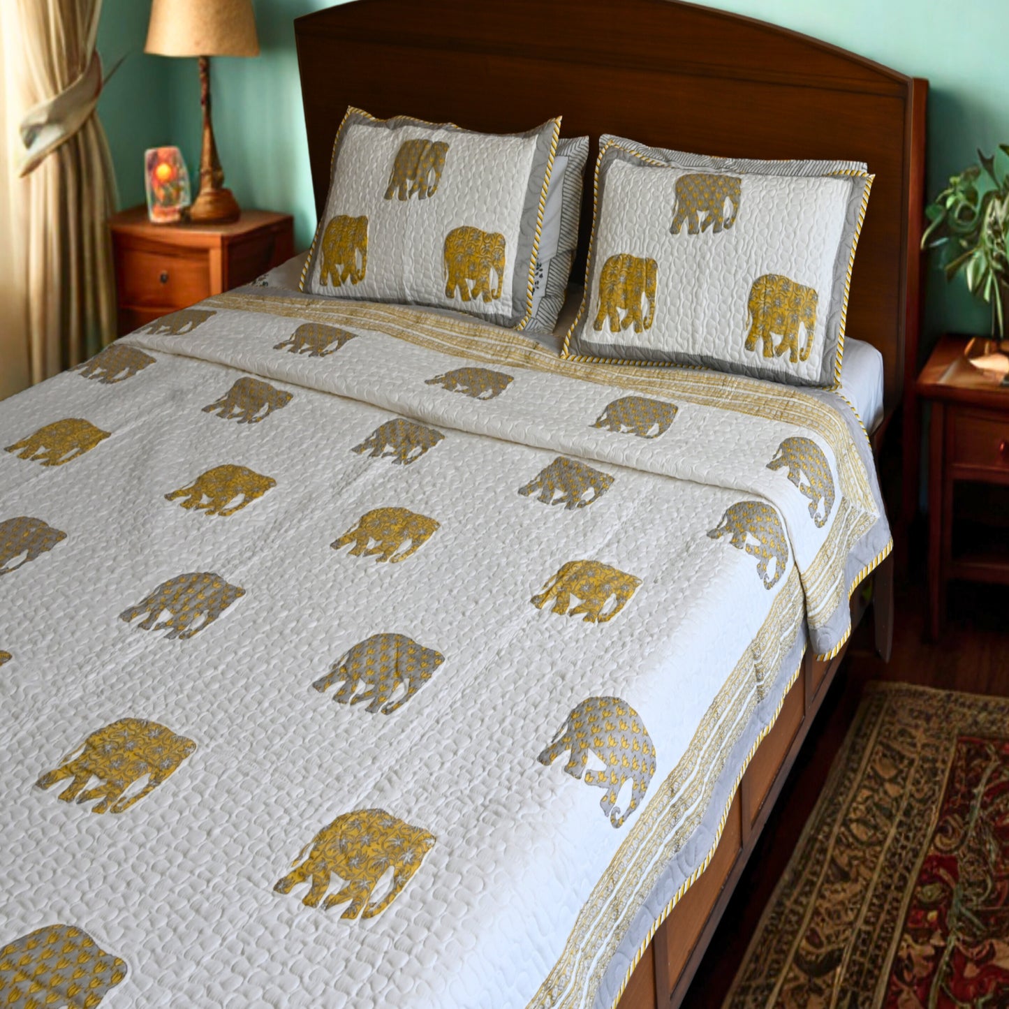 Royal Elephant Quilted Bedcover | All weather Handcrafted Cotton Quilt with Elephant Motif – Aavya Homes