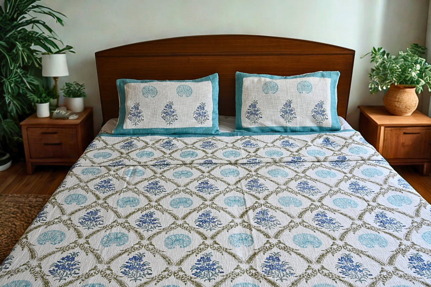 Coastal Fern – Slub Cotton Bedcover for Summer Homes | Handmade in India - Aavya Homes