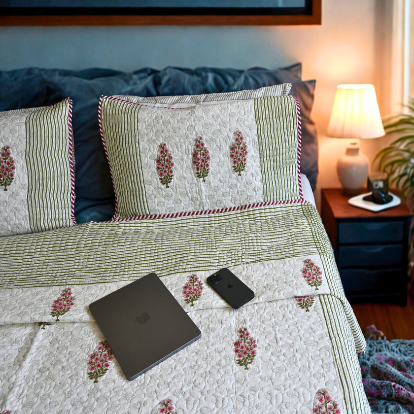 Desert Lily Quilted Bedcover | Floral Handcrafted all weather cotton Quilt – Aavya Homes - Aavya Homes