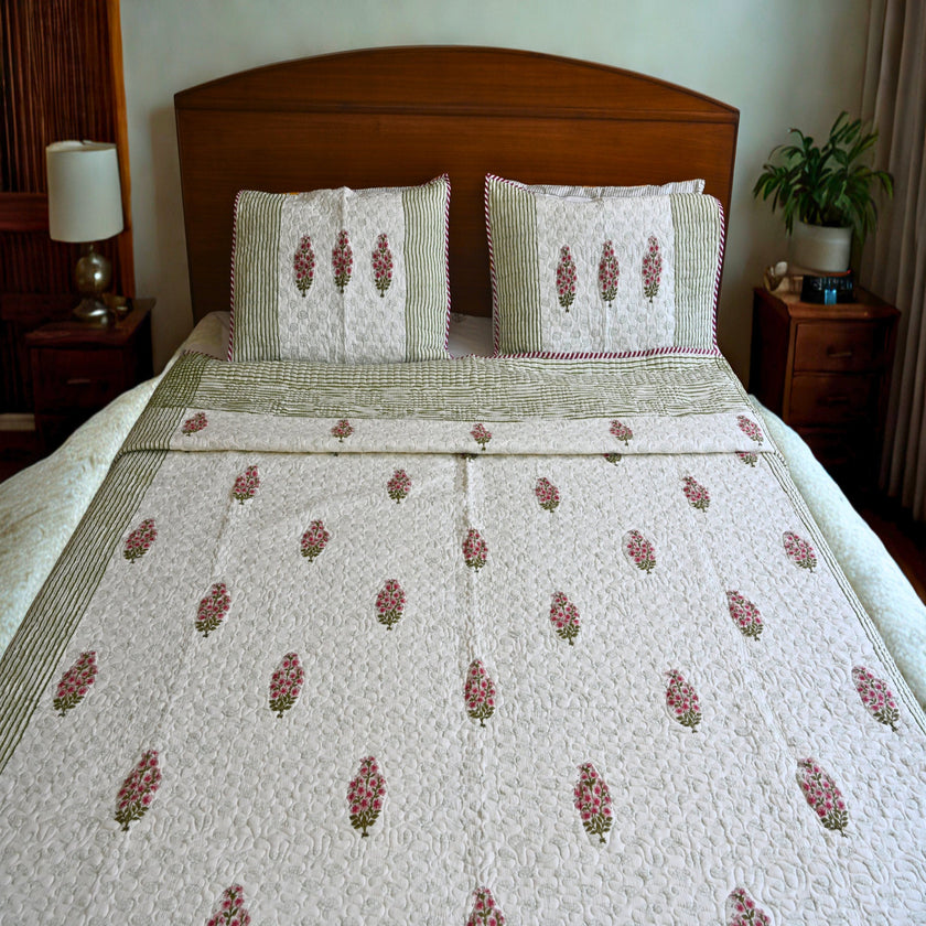 Desert Lily Quilted Bedcover | Floral Handcrafted all weather cotton Quilt – Aavya Homes - Aavya Homes