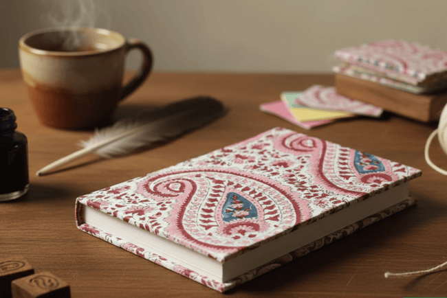 Decorative notebook with paisley pattern on a wooden table with a cup of coffee and writing utensils.