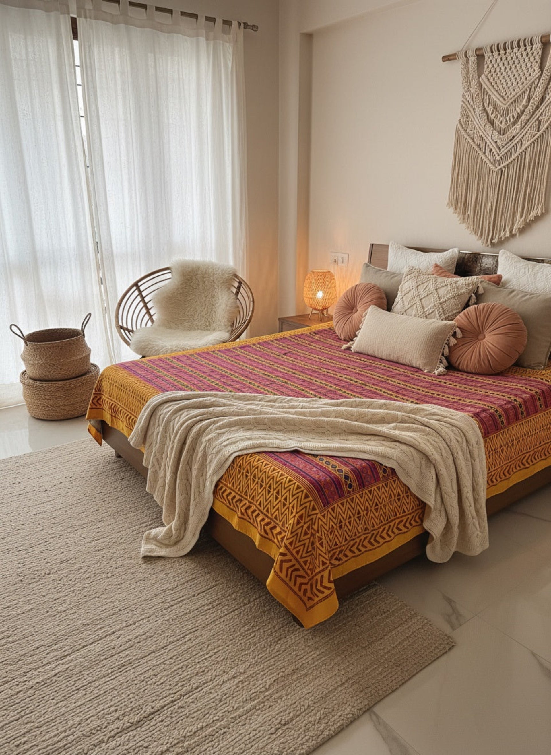Cozy bedroom with a bed, pillows, and a macrame wall hanging.
