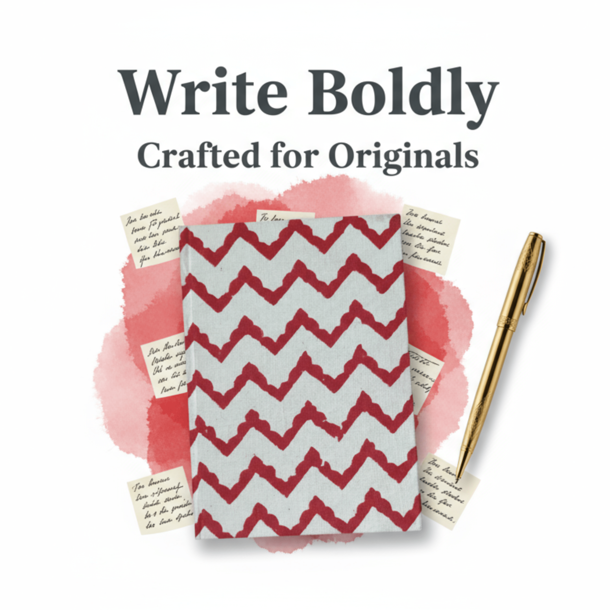Notebook with red and white chevron pattern and gold pen on a white background with 'Write Boldly' text.