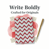 Notebook with red and white chevron pattern and gold pen on a white background with 'Write Boldly' text.