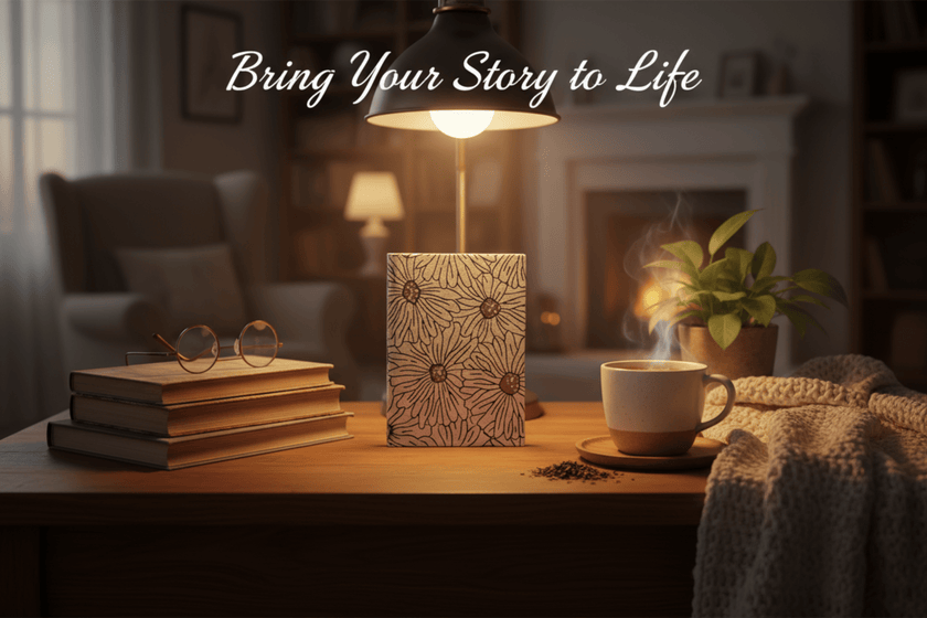 lamp with diary on a table with books and a cup, in a cozy room setting.
