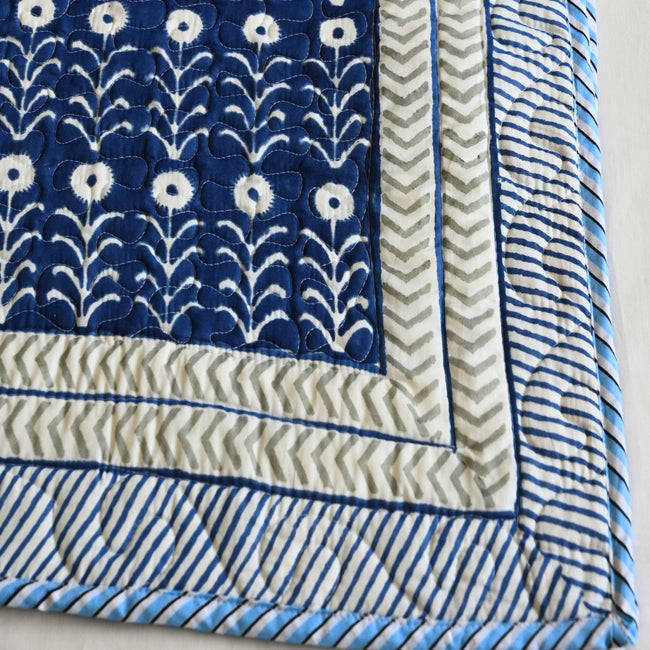 Indigo bloom Cotton Bedcover | Lightweight all weather Handcrafted Throw – Aavya Homes - Aavya Homes