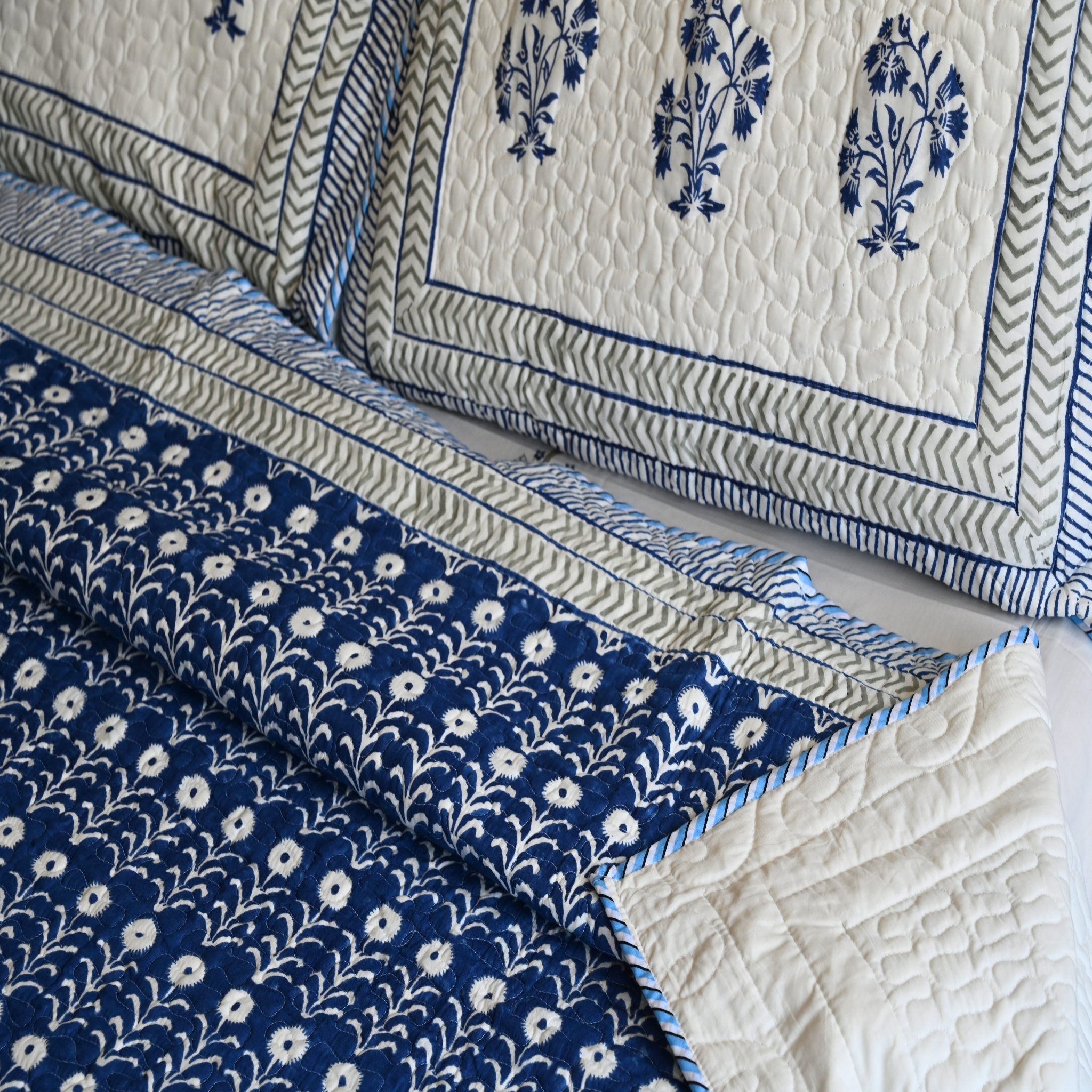 Indigo bloom Cotton Bedcover | Lightweight all weather Handcrafted Throw – Aavya Homes - Aavya Homes
