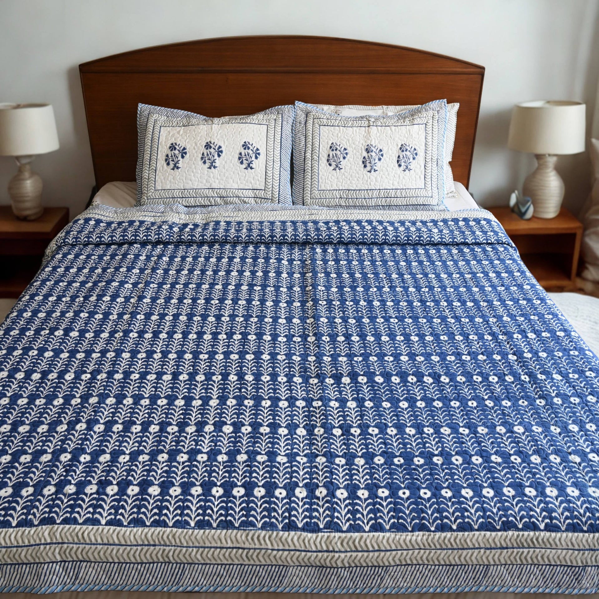 Indigo bloom Cotton Bedcover | Lightweight all weather Handcrafted Throw – Aavya Homes - Aavya Homes