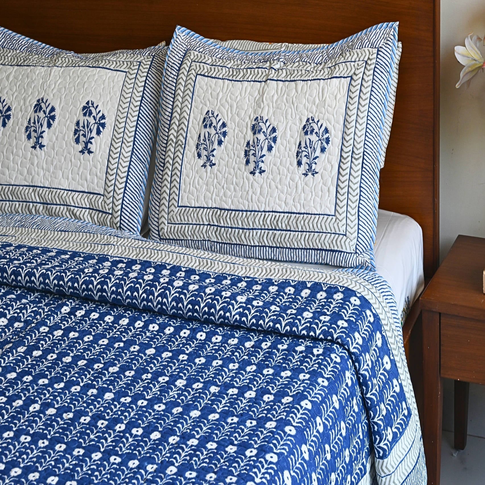 Indigo bloom Cotton Bedcover | Lightweight all weather Handcrafted Throw – Aavya Homes - Aavya Homes