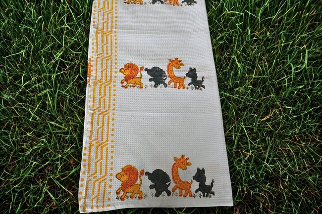 Jungle Parade – hand block printed Soft Cotton Bath Towel (Quick Dry, 100% Cotton) for kids 🦁🦒🐘 - Aavya Homes