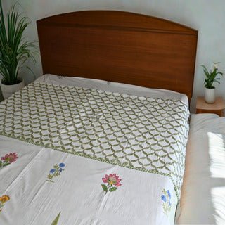 Meadow Bliss Green Dohar – Soft Cotton, Handcrafted, Lightweight Quilt🌿🌸 (3 - Layer All season Quilt) - Aavya Homes