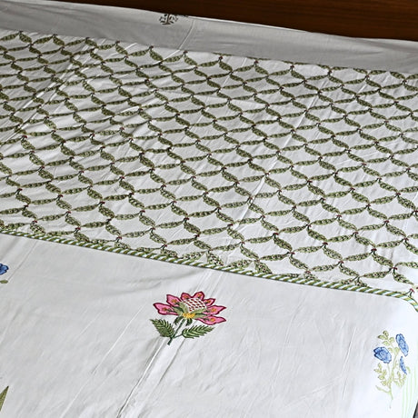 Meadow Bliss Green Dohar – Soft Cotton, Handcrafted, Lightweight Quilt🌿🌸 (3 - Layer All season Quilt) - Aavya Homes