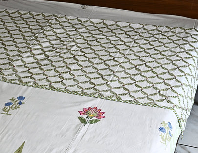 Meadow Bliss Green Dohar – Soft Cotton, Handcrafted, Lightweight Quilt🌿🌸 (3 - Layer All season Quilt) - Aavya Homes