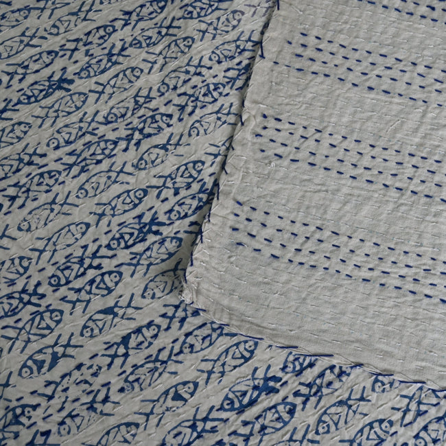 Neel Taal - Kantha bedcover| Hand - Stitched Cotton overlay in Blue – Aavya Homes - Aavya Homes