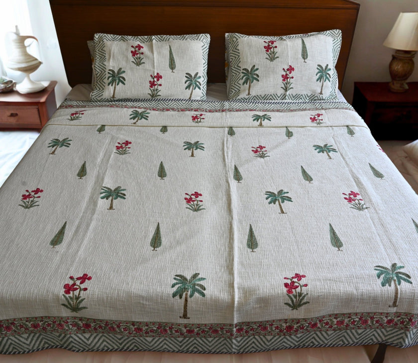 Palm Serenity Slub Cotton Bedcover | Textured block print Artisanal Bedspread – Aavya Homes - Aavya Homes