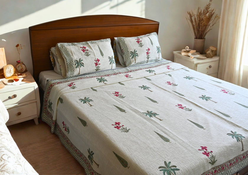 Palm Serenity Slub Cotton Bedcover | Textured block print Artisanal Bedspread – Aavya Homes - Aavya Homes