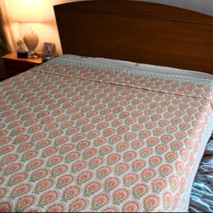 Peach Blossom Charm – Double Bed Hand Block Printed Cotton Dohar 🌿🌸 (3 - Layer All season Quilt) - Aavya Homes