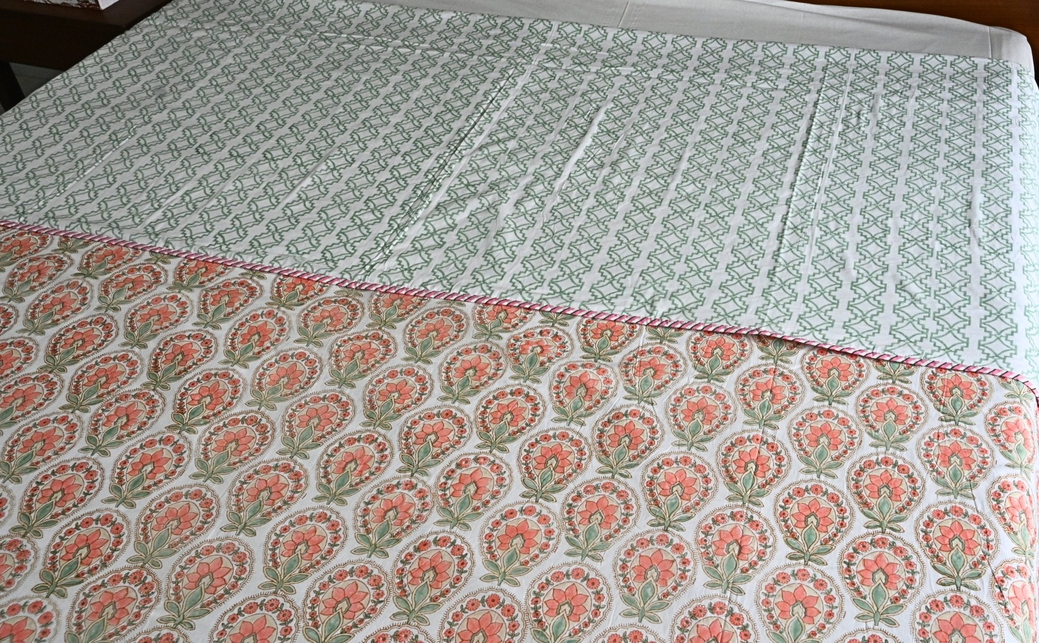 Peach Blossom Charm – Double Bed Hand Block Printed Cotton Dohar 🌿🌸 (3 - Layer All season Quilt) - Aavya Homes