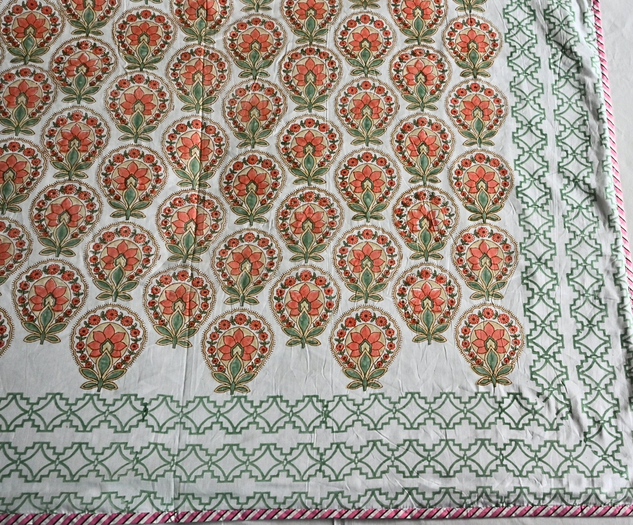 Peach Blossom Charm – Double Bed Hand Block Printed Cotton Dohar 🌿🌸 (3 - Layer All season Quilt) - Aavya Homes