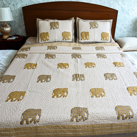 Royal Elephant Quilted Bedcover | All weather Handcrafted Cotton Quilt with Elephant Motif – Aavya Homes - Aavya Homes