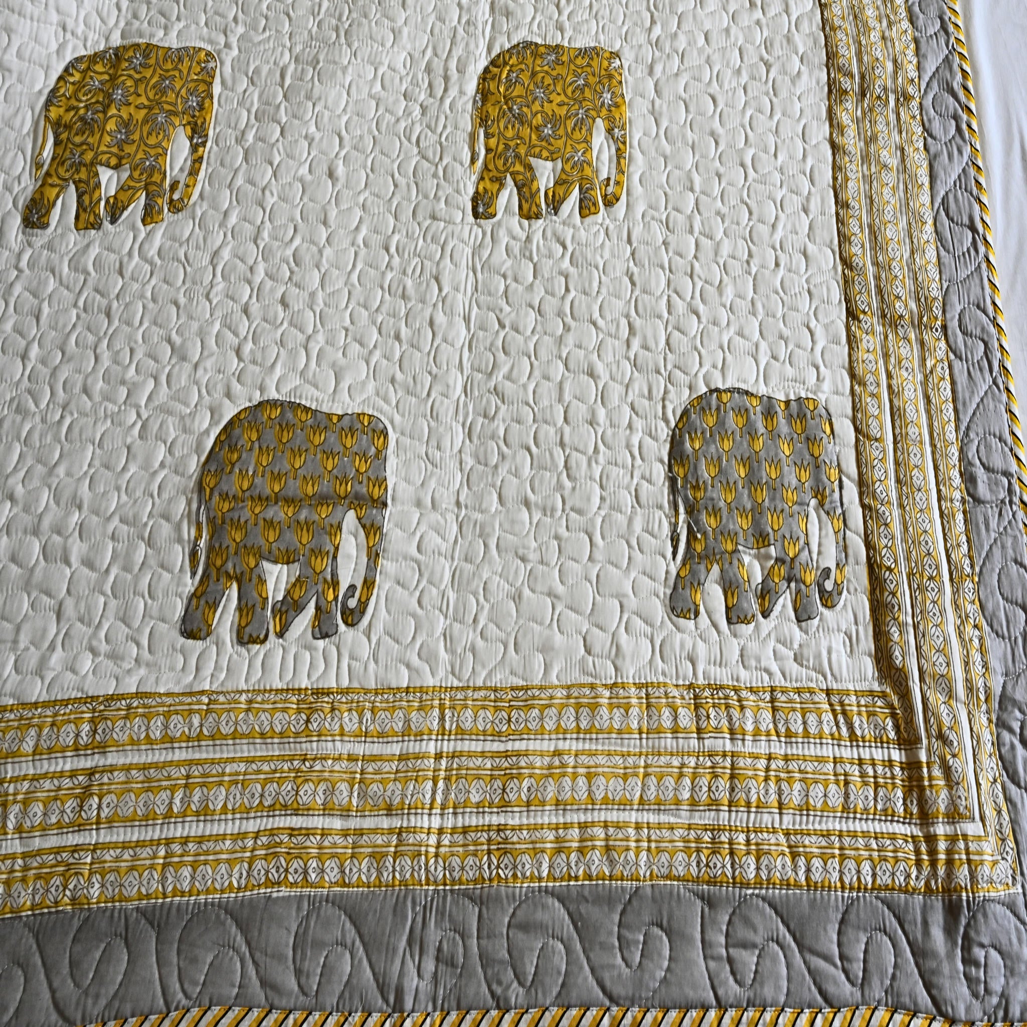 Royal Elephant Quilted Bedcover | All weather Handcrafted Cotton Quilt with Elephant Motif – Aavya Homes - Aavya Homes
