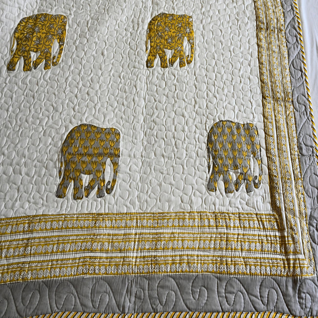 Royal Elephant Quilted Bedcover | All weather Handcrafted Cotton Quilt with Elephant Motif – Aavya Homes - Aavya Homes