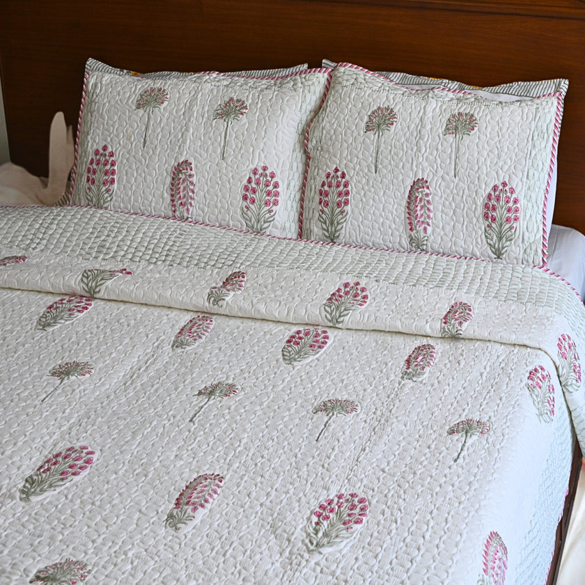 Sienna Bloom Slub Cotton Bedcover | Double bed Floral textured hand block Printed Breadspread – Aavya Homes - Aavya Homes