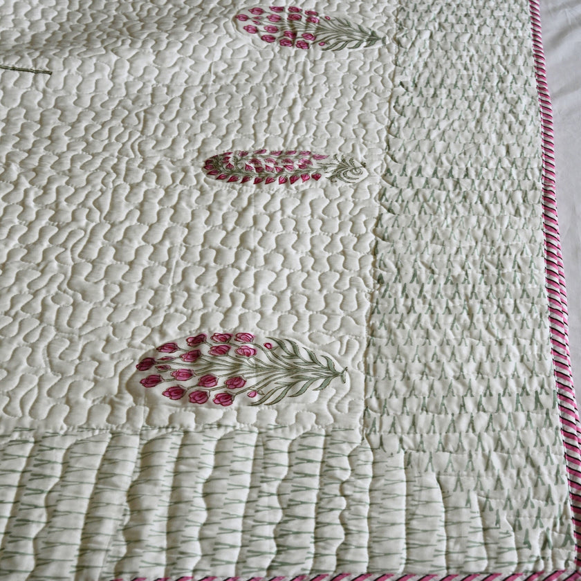 Sienna Bloom Slub Cotton Bedcover | Double bed Floral textured hand block Printed Breadspread – Aavya Homes - Aavya Homes