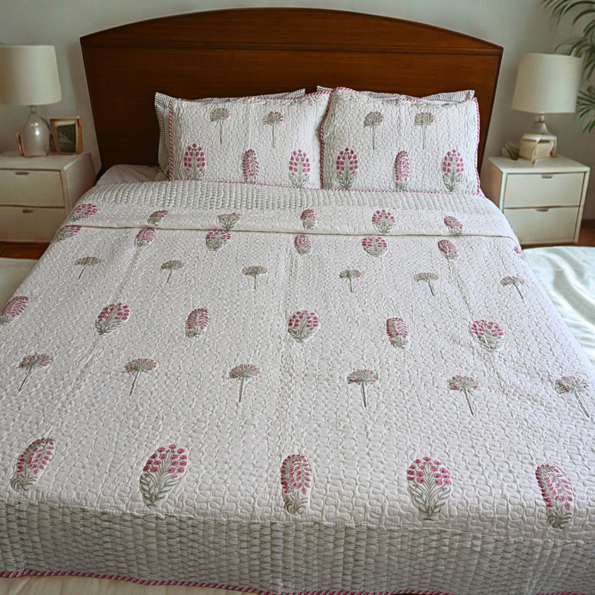Sienna Bloom Slub Cotton Bedcover | Double bed Floral textured hand block Printed Breadspread – Aavya Homes - Aavya Homes